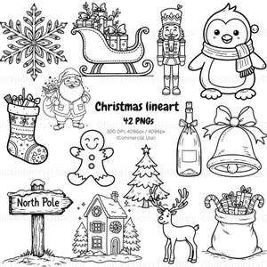 Op de afbeelding: Zwart-witte kerstlijnkunst met een sneeuwvlok, slee met cadeaus, notenkraker, pinguïn, kous, kerstman, peperkoekman, kerstboom, champagnefles, bel, Noordpoolbord, huis, rendier en een zak met cadeaus.