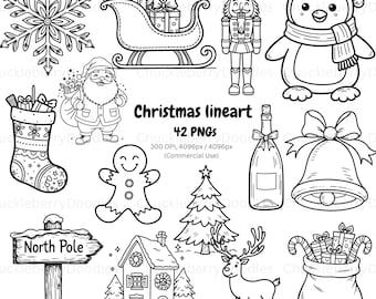 Op de afbeelding: Zwart-witte kerstlijnkunst met een sneeuwvlok, slee met cadeaus, notenkraker, pinguïn, kous, kerstman, peperkoekman, kerstboom, champagnefles, bel, Noordpoolbord, huis, rendier en een zak met cadeaus.