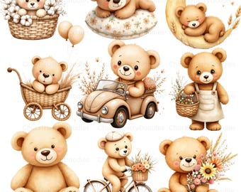 34 Watercolor Boho Teddy Bear Clipart – Nursery Art (Digital Download)