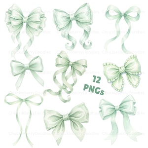 May include: A collection of twelve watercolor-style bows in various designs. The bows are a soft, muted green color and feature flowing ribbons and detailed textures. The text "12 PNGs" is included in the image.