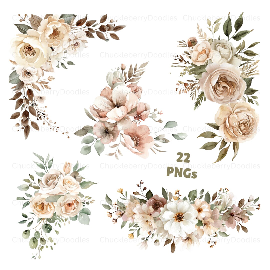 Boho Flowers Clipart, Watercolor Peony Floral (22 PNG), Bohemian ...