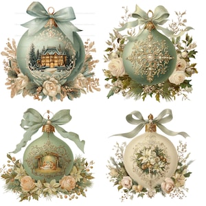 May include: Four decorative Christmas ornaments in sage green and cream tones. Each sphere features a light blue ribbon bow, gold accents, and floral arrangements. Designs include a winter house, a gold filigree star, a nativity scene, and poinsettias.