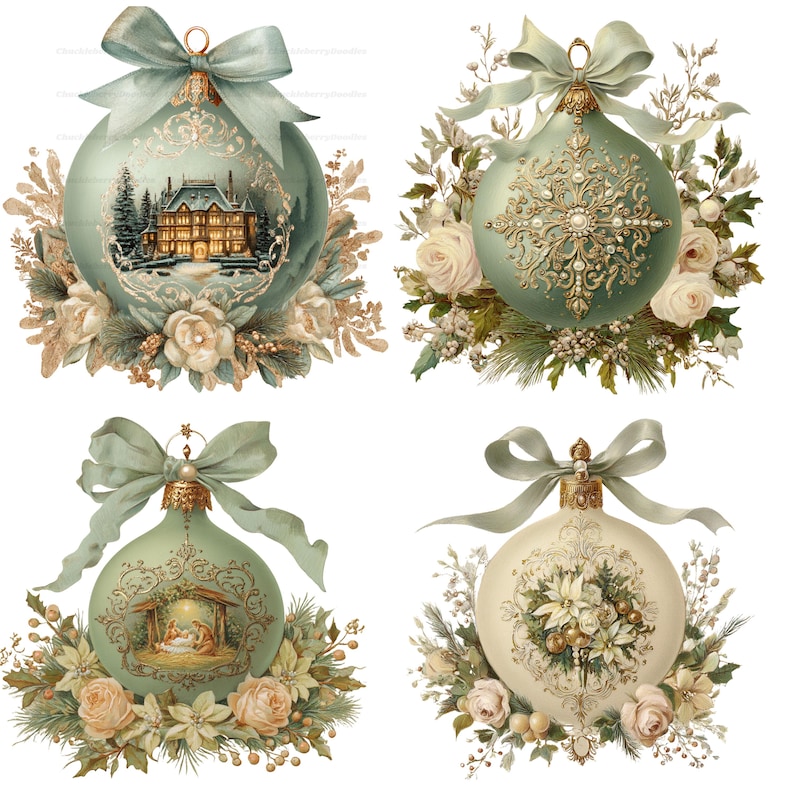 May include: Four decorative Christmas ornaments in sage green and cream tones. Each sphere features a light blue ribbon bow, gold accents, and floral arrangements. Designs include a winter house, a gold filigree star, a nativity scene, and poinsettias.