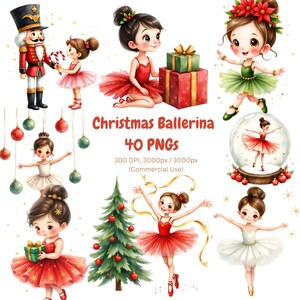 Peut inclure: Ensemble d'illustrations à l'aquarelle représentant des ballerines de Noël, un casse-noisette et des éléments festifs. Les images incluent des ballerines en tutus rouges et verts, des boules de Noël, un sapin décoré et des boîtes cadeaux. Le texte indique "Christmas Ballerina 40 PNGs".