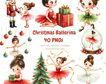 Watercolor Ballerina Christmas Clipart PNG : Cute Ballet Dancer Holiday Digital Art - Festive Nutcracker Graphics, Commercial Use