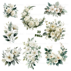 Watercolor White Flowers Clipart - 33 White Roses and Hydrangeas PNGs - Wedding Graphics for Invitations