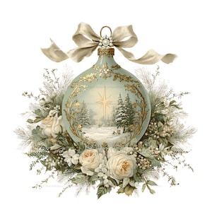 May include: A pale green Christmas ornament featuring a gold filigree frame, a winter forest scene with a central star, and a cream-colored ribbon bow at the top. The ornament is surrounded by a wreath of white roses, pine needles, and berries.