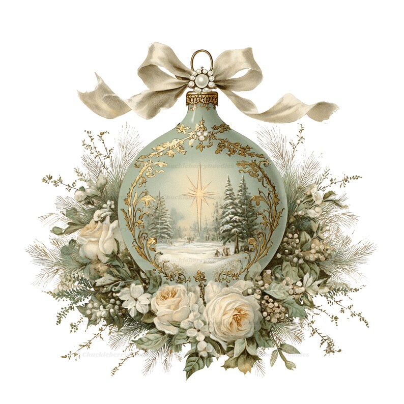 May include: A pale green Christmas ornament featuring a gold filigree frame, a winter forest scene with a central star, and a cream-colored ribbon bow at the top. The ornament is surrounded by a wreath of white roses, pine needles, and berries.