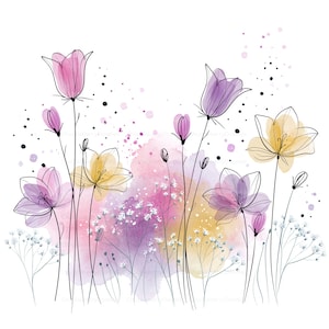 May include: A digital illustration of wildflowers featuring pink, purple, and yellow bell-shaped blossoms with thin black line art stems. The design includes small white filler flowers and a soft watercolor wash background in pink and yellow.