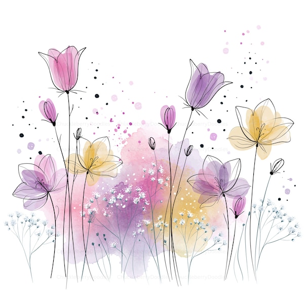 38 JPG Whimsical Sketched Colored Wildflowers Clipart  - Watercolor Graphics - Hand Drawn Flower Bouquets, Junk Journal Art, Paper Craft