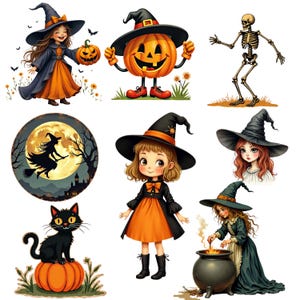 Pacchetto di clipart vintage di Halloween: grafica PNG retrò e spettrale (uso commerciale, download digitale)