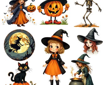 Vintage Halloween Clipart-paket: Retro läskig PNG-grafik (kommersiellt bruk, digital nedladdning)