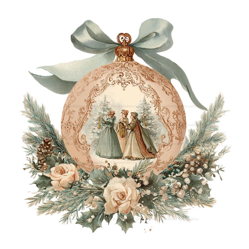 May include: A round, pale peach-colored Christmas ornament featuring an ornate gold frame and a central illustration of three figures in long dresses standing near pine trees. The ornament is topped with a light blue ribbon and framed by pine branches, holly leaves, pinecones, and pale pink roses.