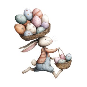 May include: Watercolor illustration of a running bunny carrying two baskets of Easter eggs. The bunny wears overalls and a striped shirt. The eggs are pastel colors with floral designs, in a rustic style.