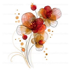 Puede incluir: Una ilustración digital de flores estilizadas con lavados de acuarela en tonos naranja, rojo y amarillo. La obra incluye un delicado trabajo de líneas negras que definen los pétalos y tallos, acentuado por salpicaduras de pintura y puntos.