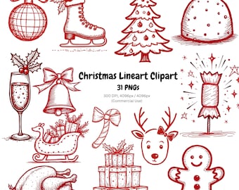 Weihnachten Line Art Clipart PNG Bundle - Minimalistische Feiertagsgrafiken - Schwarze festliche Umrisslinie Zeichnung