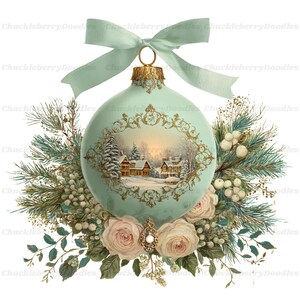 May include: A pale mint green Christmas ornament featuring a gold filigree frame around a winter village scene. The ornament is topped with a matching mint green ribbon bow and is surrounded by pine branches, white berries, and pale pink roses.