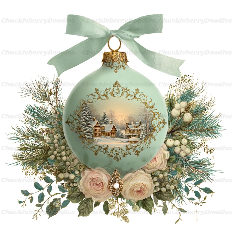 May include: A pale mint green Christmas ornament featuring a gold filigree frame around a winter village scene. The ornament is topped with a matching mint green ribbon bow and is surrounded by pine branches, white berries, and pale pink roses.
