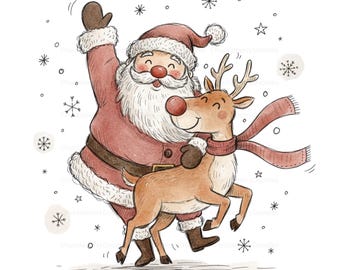 Könnte beinhalten: Aquarell-Illustration von Weihnachtsmann und Rentier, die sich umarmen. Der Weihnachtsmann, in rotem Anzug und Hut, hat einen weißen Bart und eine rosige Nase. Das Rentier trägt einen roten Schal. Schneeflocken und Sterne umgeben sie und schaffen eine festliche Urlaubsszene.