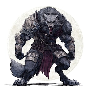 Könnte beinhalten: Ein knurrender Werwolf mit dunkelgrauem Fell, der eine aufwendige metallische Schulter- und Armrüstung, einen Ledergürtel mit Taschen und einen dunkelroten Lendenschurz aus Stoff trägt. Die Kreatur steht in einer geduckten, aggressiven Haltung.