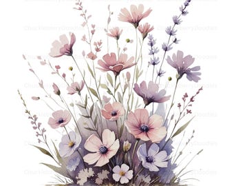 水彩画の野花のクリップアート：花束とボーダー（PNGデジタルダウンロード）
