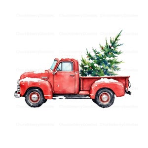 Puede incluir: Ilustraci&oacute;n en acuarela de una camioneta roja vintage que transporta un &aacute;rbol de Navidad. La camioneta est&aacute; cubierta de nieve, y el &aacute;rbol tiene bayas rojas. La imagen tiene el texto "ChuckleberryDoodles".