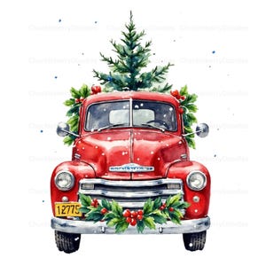 Puede incluir: Ilustraci&oacute;n en acuarela de una camioneta roja vintage decorada para Navidad. La camioneta tiene un &aacute;rbol de Navidad encima y est&aacute; adornada con acebo y bayas. Caen copos de nieve y la matr&iacute;cula dice "12775".