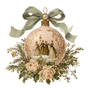 May include: A round, cream-colored Christmas ornament featuring a printed illustration of four figures in long dresses standing near a lamp post. The ornament is topped with a sage green ribbon bow and accented at the base with white roses and pine.