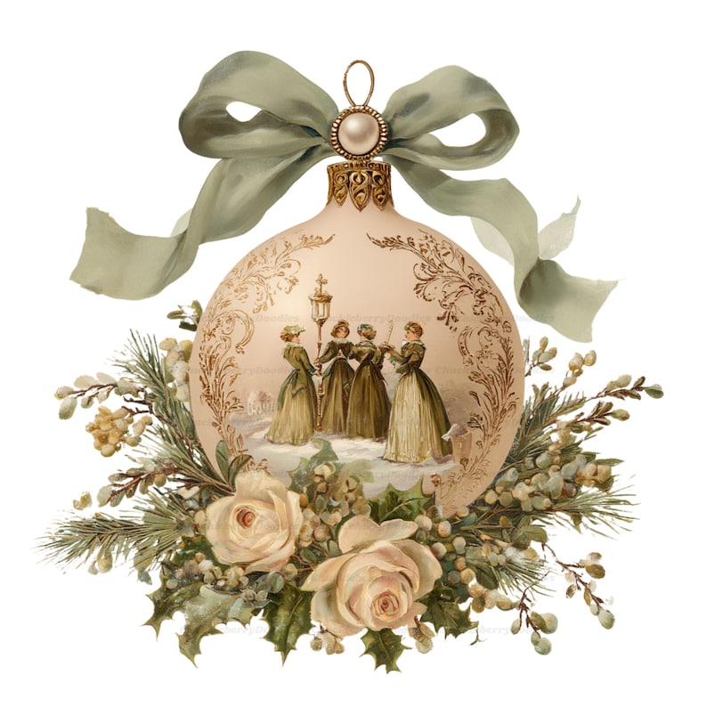 May include: A round, cream-colored Christmas ornament featuring a printed illustration of four figures in long dresses standing near a lamp post. The ornament is topped with a sage green ribbon bow and accented at the base with white roses and pine.