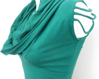 Cowl Neck Hoodie Top w Decorative Shoulder Straps - Sha Creations - Emerald Green - Small Size