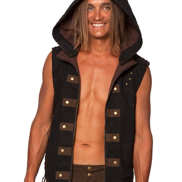 Men's Festival Space Vest w Detachable Hood & Side Lacing - Steampunk, Festival Clothing - Brown and Green