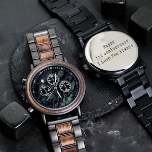 1st Anniversary Gift For Boyfriend, Engraved Walnut Watch for Husband,Personalized Custom Marble Wooden Gift For Him,Anniversary Gifts Men