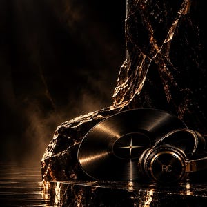 May include: A black vinyl record featuring a central four-pointed star design, positioned next to black over-ear headphones with gold accents and the letters RC printed on the side, set against a dark, reflective, and textured stone surface.
