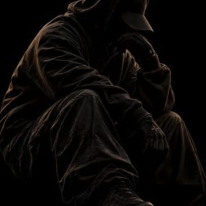 May include: A dark-toned hooded jacket and matching trousers worn with a baseball cap and gloves. The figure is in a seated position against a black background. Below the figure is a four-pointed star emblem and the text RICH CARAVAN.