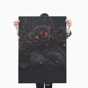 May include: A dark, textured print featuring a cluster of black roses with fiery red and orange highlights. The artwork showcases detailed petals and leaves, creating a dramatic and gothic aesthetic. The roses appear to be the focal point of the image.