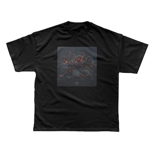 May include: Black t-shirt featuring a square graphic of a rose with fiery red and orange petals and dark gray leaves. The design has a textured, artistic appearance. The shirt has a classic crew neck and short sleeves.