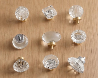 Crystal Glass Cabinet Knob, Brass Base, Decorative Drawer Pull