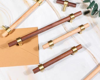 Walnut & Brass Cabinet Pulls: Nordic Wood Drawer Handles