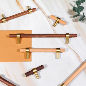 Wood and Brass Cabinet Handle: Nordic Style Drawer Pull