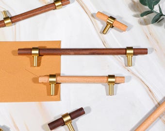 Wood and Brass Cabinet Handle: Nordic Style Drawer Pull