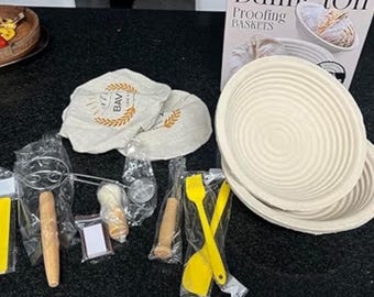 Natural Wood Pulp Sourdough Proofing Basket Set | 9” Round Banneton Bread Bowl Kit for Baking with Dough Whisk, Lame, Scraper & Cover