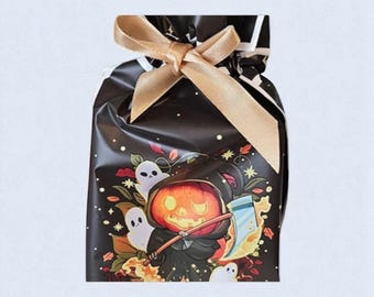 Halloween-Süßigkeitentüten mit Kordelzug, 50 Stück | Wiederverwendbare Geschenktüten mit Geister-, Kürbis- und Katzenmotiven | Geschenkbeutel aus Kunststoff