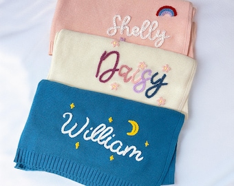 Personalized Knit Baby Blanket with Embroidered Name - Custom Soft Cotton Newborn Swaddle Blanket, Unique Baby Shower Gift for Girl or Boy