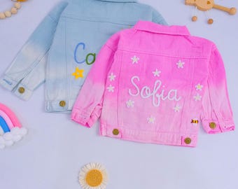 Custom Kids Denim Jacket, Hand Embroidered Floral Initial Design, Personalized Baby Clothes, Unique Christmas Gift for Boys Girls