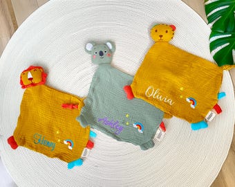 Coperta sonaglio personalizzata a forma di animale, coperta comfort per neonati personalizzata con nome, asciugamano per neonati, coperta di sicurezza per neonati, regalo per baby shower