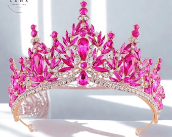 Hot Pink Crystal Bridal Tiara, Rose Gold Wedding Crown, Fuchsia Rhinestone Princess Headpiece,Luxury Prom Tiara,Statement Bride Luxury Tiara