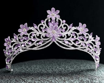 Lavender Crystal Bridal Tiara, Silver Purple Floral Wedding Crown, Amethyst Princess Headpiece, Prom Pageant Rhinestone Hair Accessory Gift