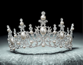 Tiara nupcial de perlas plateadas – Tocado de boda de cristal, diadema de princesa real vintage, elegante diadema de reina del baile de graduación, regalo de tiara de oro rosa