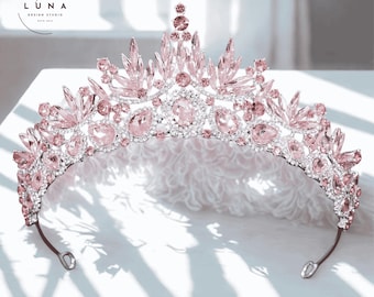 Blush Pink Crystal Bridal Tiara, Silver Wedding Crown, Princess Diadem, Luxury Prom Pageant Rhinestone Headpiece, Gold Cz Tiara Headband