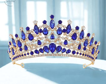 Gold Tiara Crown, ocean blue crystal crown, Royal Queen Tiara, pageant crown Ocean Blue Rhinestone Tiara: Queen Bridal Crown - Etsy Canada main image 2